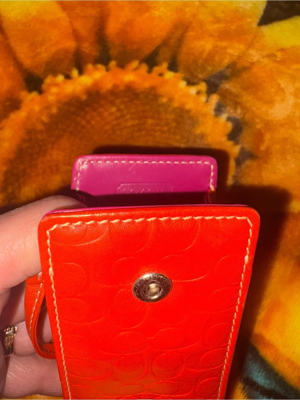 Coach Y2K Orange & Pink Leather Cell Phone Pouch with Wrist Strap - Bag Charm